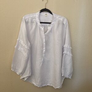 Dylan 100% Linen, White, 1/2 Button Front, Fray Ruffle, Peasant Blouse Size XL